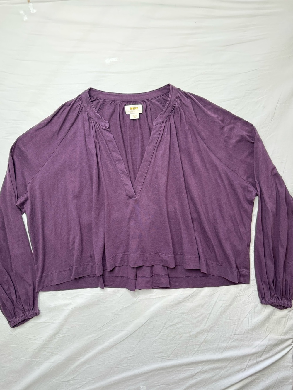 Anthropologie - Lavender-Purple V-Neck Cropped Tunic Pleaded Blouse 100% Cotton